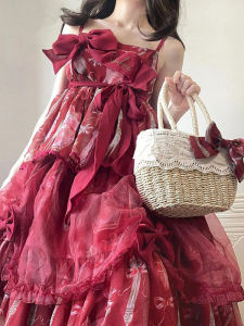 Lolita Three-Part JSK Dress with Big Skirt And Sash Graduation Season Cosplay Clothing Red Strap Butterfly Knot Design Summer 2024