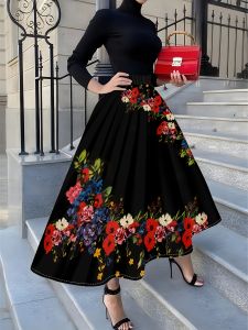 Printed Design Four season casual style black pleated skirt with floral pattern skirt