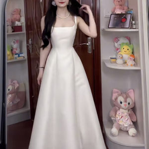 ชุดราตรีสีขาว ชุดแต่งงาน ชุดเดรสยาวปานกลาง แขนกุด กระโปรงทรงเอ ผ้าฝ้ายผสม ชุดราตรีสำหรับผู้หญิง ชุดทำงาน