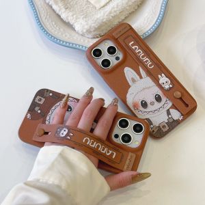 ♥Ready Stock +FREE Shipping+COD♥2024 NEW Lovely Brown Labubu Wristband Stand Leather Case For iPhone 16 Pro Max 12 13 14 15 Pro Max 16Pro 14Pro 12Pro 13ProMax Phone Cover Casing