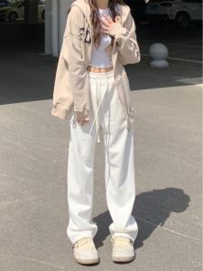 American Style White Casual Pants Womens Spring Autumn Small Size Loose Straight Drapey Lazy Slimming Leisure Sports Trousers