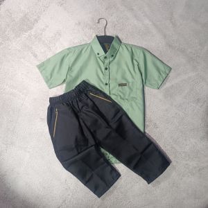 Setelan Kemeja Anak Lengan Pendek + Celana Panjang Katun Nyaman Baju Polos Trending