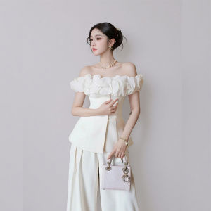 Elegant French Style White Off-Shoulder Top and High Waist Wide Leg Pants Set