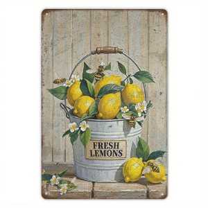 CIFbuy | Vintage Lemon Basket Metal Tin Sign Wall Art 12x8 Inch Rustic Decor with Bees for Kitchen Home Bar Garden