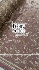 1/2 Meter Kain Brokat Brukat Tile Peony Embroidery Two Tone Series Warna Mocca Milo - Gold