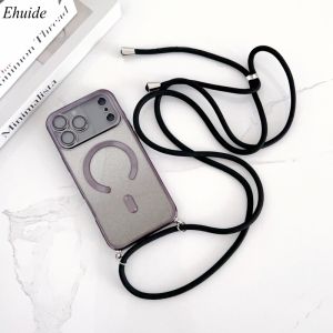 Magnetic Case For iPhone 17 Pro Max 14 13 12 11 15 16 Plus 17Air Glitter Magsafe Clear TPU Plating Crossbody Lanyard Strap Cover
