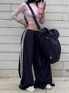 Tall Blue Striped Sports Pants Womens Spring Autumn American High Street Jazz Dance Pants Wide Leg Casual Commute Style