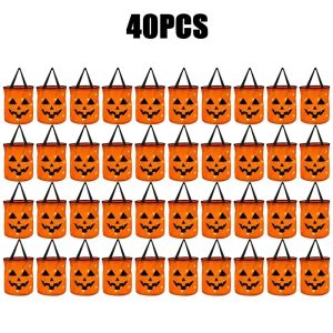 1-40Pcs Halloween LED Pumpkin Bucket Collapsible Candy Bags Trick or Treat Candy Container for Halloween Party Gift Decor