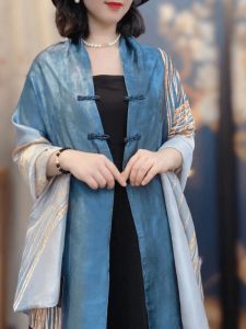 Summer New Style Silk Satin Shawl with Button Fashionable Versatile Sun Protection Travel Photography Outerwear Scarf Poncho