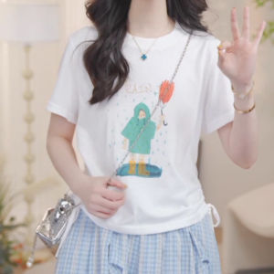 Shalldoer | Korean Style Short Sleeve T-Shirt Womens Drawstring Waist Design Summer Fashion Versatile Cartoon Print Casual Top