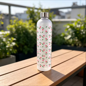 High Aesthetic Girly Style Floral Frosted Water Bottle Large Capacity Leak-Proof Straight Drinking Outdoor Fitness Water Bottle