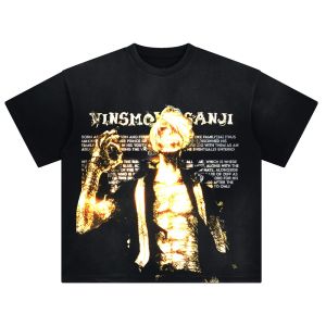 Bandai | ONE PIECE Mens and Womens Washed T-Shirt Vinsmoke Sanji Summer and Spring Anime Tee Retro Distressed Simple Short Sleeve
