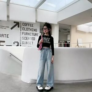 5-16Y Jeans Baggy Pants for Kids Girl Pink Heart Denim Maong Pants Loose Wide-leg Pants New Trouser