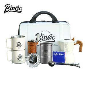 BINCOO Outdoor Moka Pot Set with Carry Case Double-Valve Camping Set Coffee Pot with Manual Grinder Set Complete Portable Coffee Equipment Set