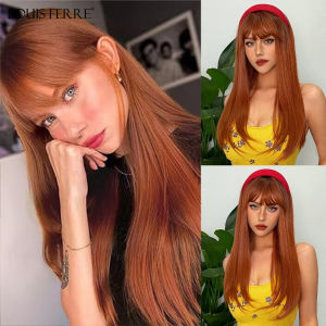 LOUIS FERRE Red Brown Synthetic Wig for Women Long Straight Copper Ginger Wig With Bangs Natural Hair Cosplay Heat Resistant