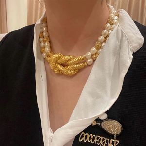 Heavy Metal Knot Pearl Splicing Necklace Double Layered Elegant Lady Evening Dress Clavicle Chain Fashion Jewelry Accessories