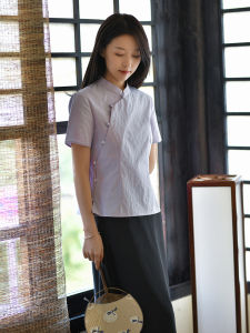 Pure Color Short Sleeve Shirt New Chinese Style Stand Collar Side Button Design Cotton Womens Fashion Summer Shirt