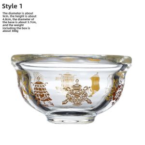 Crystal Glass Gold Water Cup High Leg Eight Auspicious Symbols Water Bowl Tibet For Home Indoor Desktop Decoration Large Small Size