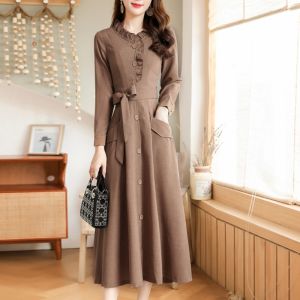 Elegant Ladylike Cotton Linen Spring Autumn Dress Slimming A-Line Skirt High Waist Single Button Long Sleeve Midi Dress for Mom