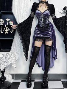 Gothic Style Velvet Dress Womens Halter Neck Sleeveless Dress with Shawl Cosplay Costume Purple Bodycon Gown for Halloween