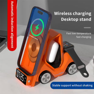 New Desktop Wireless Charger for iPhone Samsung Huawei/Apple Watch Galaxy Watch/AirPods Samsung Galaxy Buds Huawei Buds Creative Car Multifunctional Mobile Phone Holder Alarm Clock with Ambient Light