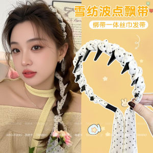 White Polka Dot Sash Hairband Womens Style High Top Knot Daily Outdoor Wear Hair Clip High End Feeling Braided One Piece Hair Band