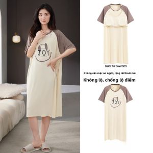 MiiOW | Đồ ngủ cotton mùa hè cho nữ MiiOW Cat Lady có đệm ngực Modal màu đen đơn giản váy ngủ dài tay ngắn mặc ở nhà