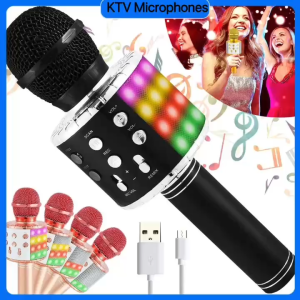 【✅SG READY STOCK】RICHMENTMALL LED Wireless Karaoke Bluetooth Handheld Microphone for Kids Singing Karaoke KTV Colorful Light Eliminate Music Original Sound Speaker
