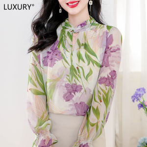 LUXURY Queen 2023 Spring and Autumn New Retro Printed Chiffon Womens Blouse Design Sense Small Bubble Sleeve Top