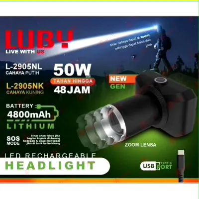 Senter Kepala Zoom LUBY 50 Watt L-2905NL Cahaya Putih 4800 mAh / Super Terang Rechargeable Type C