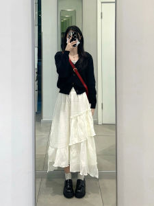Elegant White Lace Hem High Waist Midi Skirt Womens Design Texture Sensation Fairy Tale Cake Long Skirt Autumn Season