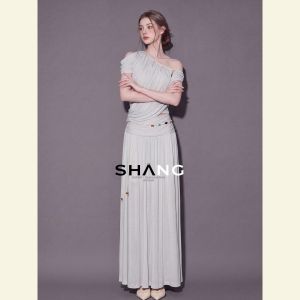 SHANGSHA | Elegant Off-shoulder Asymmetric Beaded Pleated Dress Set
