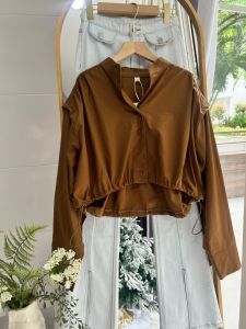 ●ECLAIRE● 043 Kemeja Crop Wanita Lengan Panjang Longsleeves Drawstring Tali Serut Korea Kasual Casual Chic Kerja Mode Import ixoz