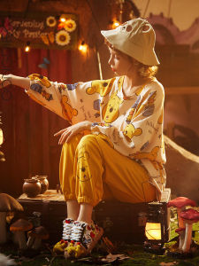 ชุดนอนผู้หญิงผ้าฝ้ายลายการ์ตูน Winnie the Pooh แขนยาว ฤดูใบไม้ผลิและฤดูใบไม้ร่วง ชุดนอนผู้หญิง ชุดนอนผู้หญิง