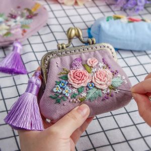Embroidery DIY Ribbon Flowers Bags Purse Wallet Handbag Cross Stitch Kit for Beginner Needlework Sewing Arts Craft Friend Gifts