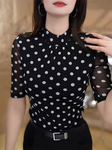 QINGNAER | Korean Style Fashionable Plus Size Polka Dot Contrast Color Stand Collar Sheer Sleeve Shirt