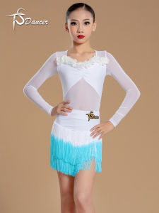 Latin Dance Skirt Long Sleeve Tassel Gradient Girls Practice Uniform High-End Sensation Dance Dress Child Performance Clothes