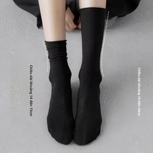 Tất Ống Giữa Ice Silk Mỏng Mùa Hè Màu Đen Trắng Cho Nữ Tất Ống Dài Thu Xuân Tất Lót Bằng Vải Polyester Pha Trộn