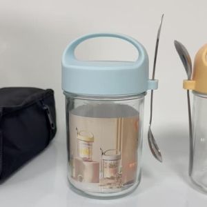 Bevavar Gelas Kaca Sarapan 400ml dengan Tutup Anti Tumpah dan Sendok Stainless Portable untuk Traveling