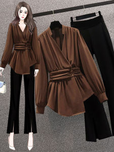 French Design Sensation Womens Shirt Spring Autumn plus Size Slimming Top Flared Pants Two Piece Set Meat Covering Fashion