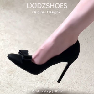 เรียบหรู French Pointed Toe Butterfly Knot รองเท้าส้นสูง ผู้หญิง สีดำ ฤดูใบไม้ร่วง ฤดูหนาว ใหม่ Slim Heel สบาย Low Cut ไม่เหนื่อยเท้า เดรส รองเท้าเดี่ยว