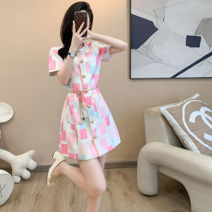 French Style Petite Womens Dress Summer 2024 Fashion Slimming Print Short A-Line Skirt V-Neck Single Button Polyester Dress