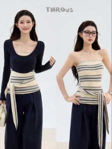 THROUS | Áo Sweater Dệt Kim Cổ Tròn Không Quai Đeo Sọc Nơ Tay Ngắn