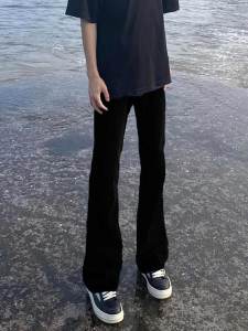 กางเกงยีนส์ทรงตรงเอวกลางทรงสลิมฟิตสีดำบริสุทธิ์สำหรับผู้ชาย กางเกงขายาวทรงตรงสไตล์อเมริกัน ฤดูร้อน 2025 แฟชั่นสตรีท