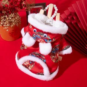 Thickened Winter Cat Clothes New Year Hat Pet Dog Clothes Celebration Festive Chinese Style Costume Warm Cozy Cat Apparel