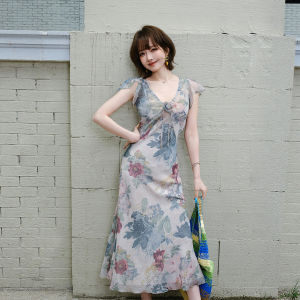French Teatime Style V-neck Oil Painting Printed Dress