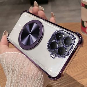 Luxury 360° Rotating Magnetic Bracket Case For Xiaomi 17T 15T 14T 17 Pro Max Plating Edge Clear Four-coner Anti-Drop Phone Cover
