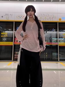 Loose Fit Stripe T-Shirt Korean Style Lazy Fashion Pink Summer Thin Long Sleeve One Shoulder Sun Protection Cover up Top