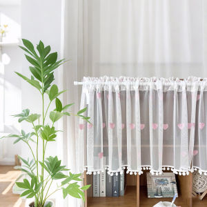 Cute Pink Love Design Sheer Voile Mesh Short Curtain for Kitchen Cabinet Study Small Window Drapes Home Decoration