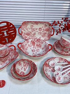 พร้อมส่ง เครื่องใช้บนโต๊ะอาหารเซรามิก ซีรีย์สีแดง จานอาหารค่ำ แผ่นเซรามิก ของขวัญขึ้นบ้านใหม่ ชามซุปสลัด
